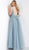 Jovani - 62669 Ornate Floral Appliqued Plunging Tulle Gown in Blue