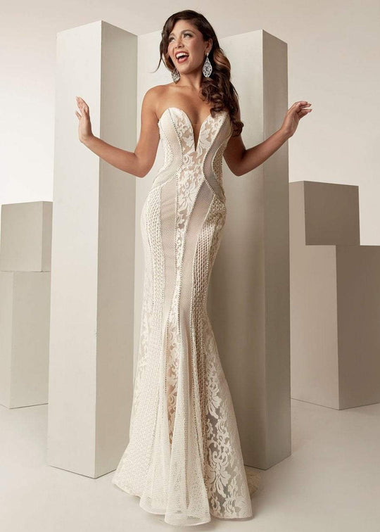 Jasz Couture - 6266 Beaded Lace Deep Sweetheart Sheath Dress In White