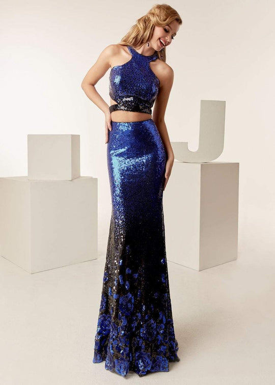 Jasz Couture - 6268 Sequined Two Piece Halter Sheath Dress In Blue