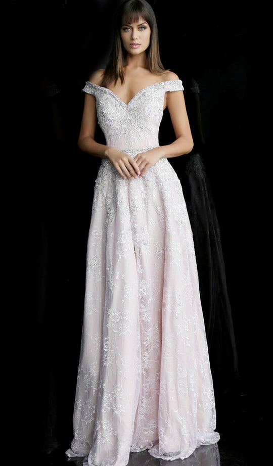 Jovani - 62705 Embellished Lace Off-Shoulder A-line Gown In Pink
