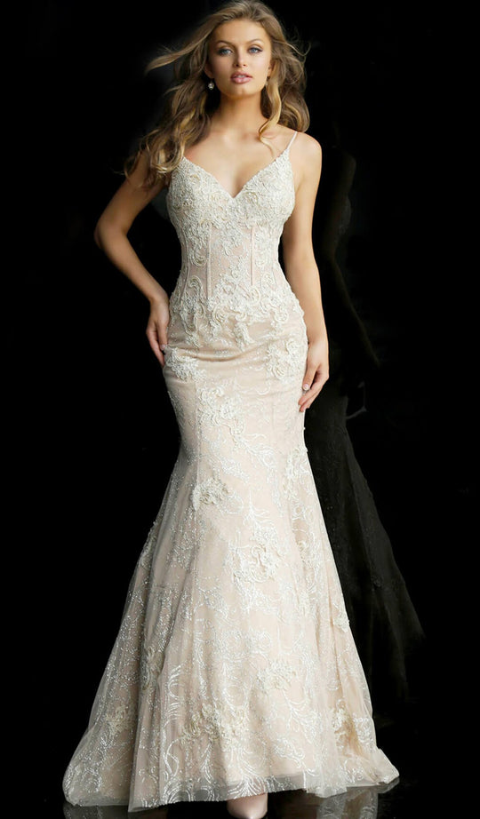 Jovani - 62763 Embroidered V-neck Mermaid Dress In Neutral