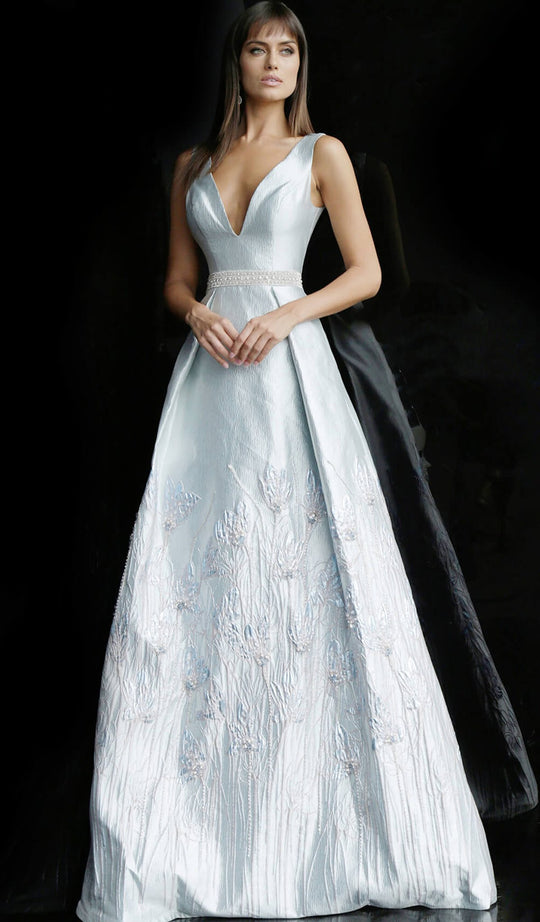 Jovani - 62767 Embroidered Deep V-neck Pleated A-line Dress In Silver