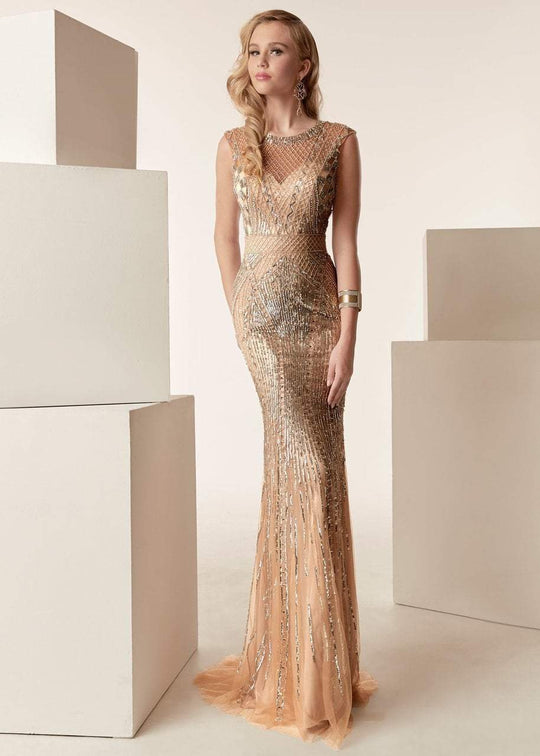 Jasz Couture - 6276 Sequined Illusion Jewel Sheath Dress In Silver and Neutral