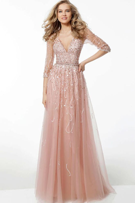 Jovani - 62800 Three Quarter Sleeves Embellished Tulle Evening Gown In Pink