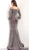 Jovani - 62813 Long Sleeve Off-Shoulder Glitter Mermaid Dress in Silver