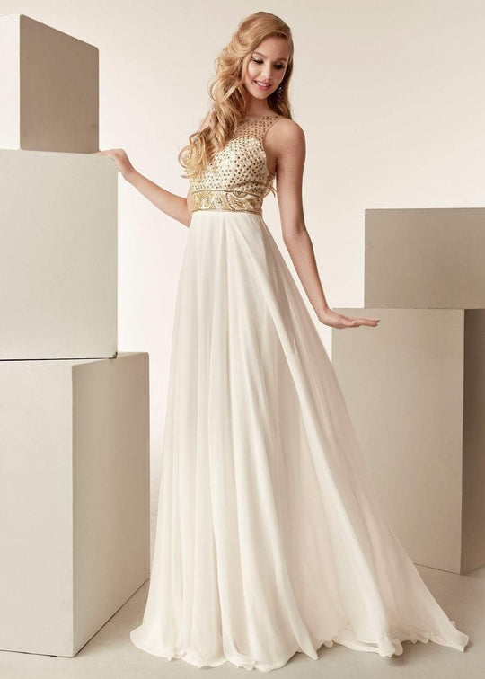 Jasz Couture - 6284 Beaded Illusion Bateau Chiffon A-line Dress In White