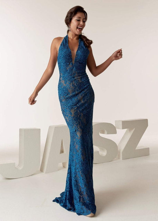 Jasz Couture - 6285 Beaded Halter V-neck Sheath Dress In Blue