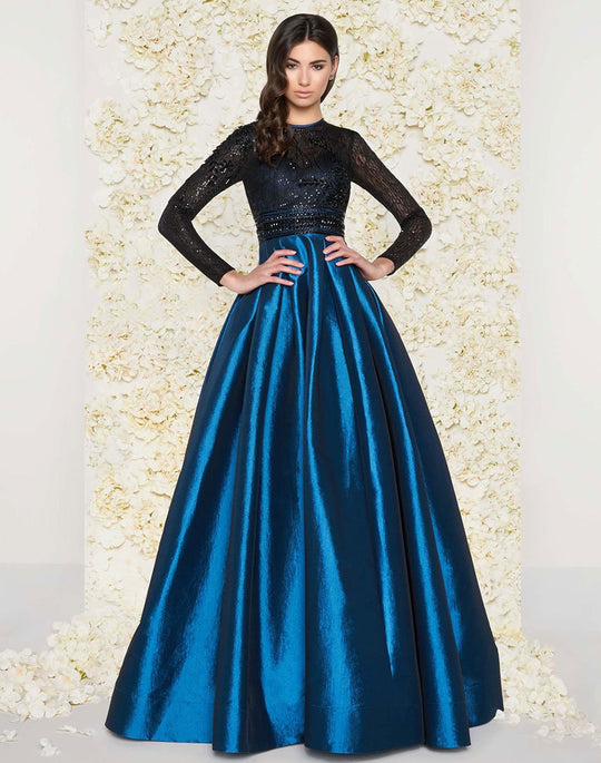 Mac Duggal Couture - 62883D Long-Sleeved Beaded Lace Shiny Dress in Blue