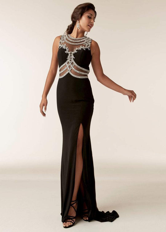 Jasz Couture - 6288 Jewel Neck Stone Embellished Gown with Slit In Black