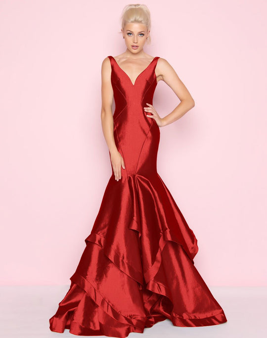 Mac Duggal - 62903L Plunging Neck Tiered Ruffle Trumpet Gown In Red