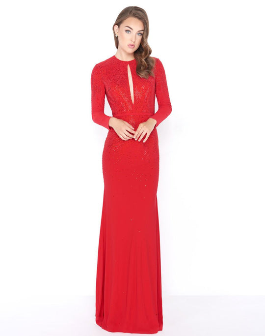 Mac Duggal - 62908M Long Sleeve Jewel Sheath Dress In Red