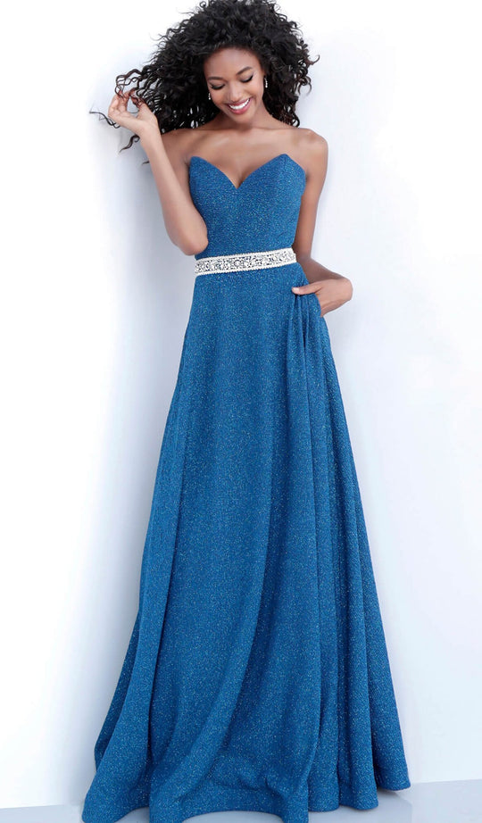 Jovani - 62920 Strapless Crystal Embellished V-neck A-line Dress in Blue
