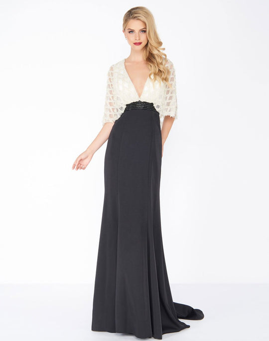 Mac Duggal - 62925R Embellished Deep V-neck Sheath Dress In Black and White