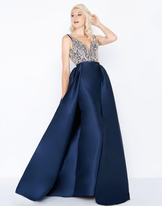 Mac Duggal - 62927M Sparkling Bejeweled V-Neck Mikado Gown In Blue