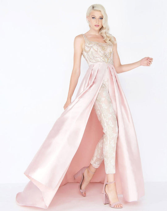 Mac Duggal - 62943M Sleeveless Beaded Pantsuit with Pleated Overskirt In Pink