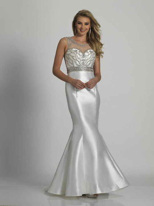 Dave & Johnny - A6294 Beaded Sheer Scoop Neck Mermaid Gown in White