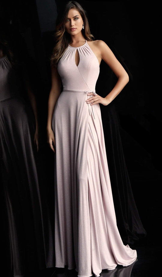 Jovani - 62954 Halter Neck Glitter Jersey A-line Dress in Pink