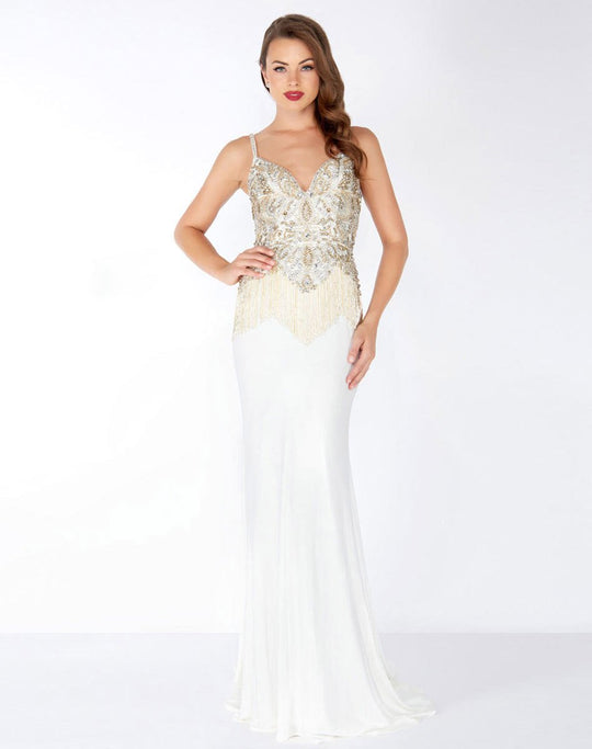 Mac Duggal - 62957R Sleeveless Beaded Formal with Fringe Detail In White and Gold