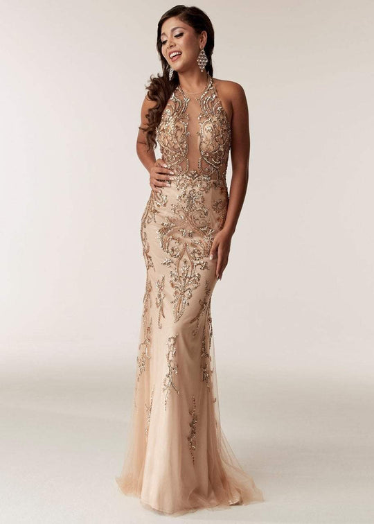 Jasz Couture - 6295 Halter Neck Embellished Sheath Gown In Neutral