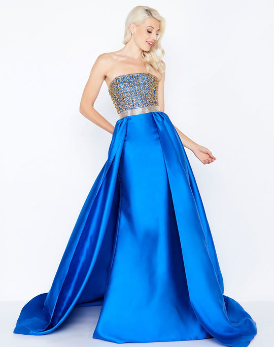 Mac Duggal - 62969M Beaded Sheath Dress With Overskirt In Blue and Gold