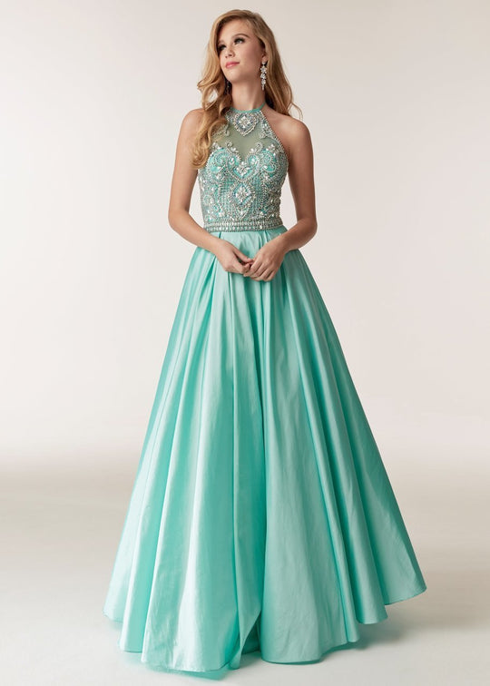 Jasz Couture - 6296 Beaded Halter Taffeta A-line Dress In Green