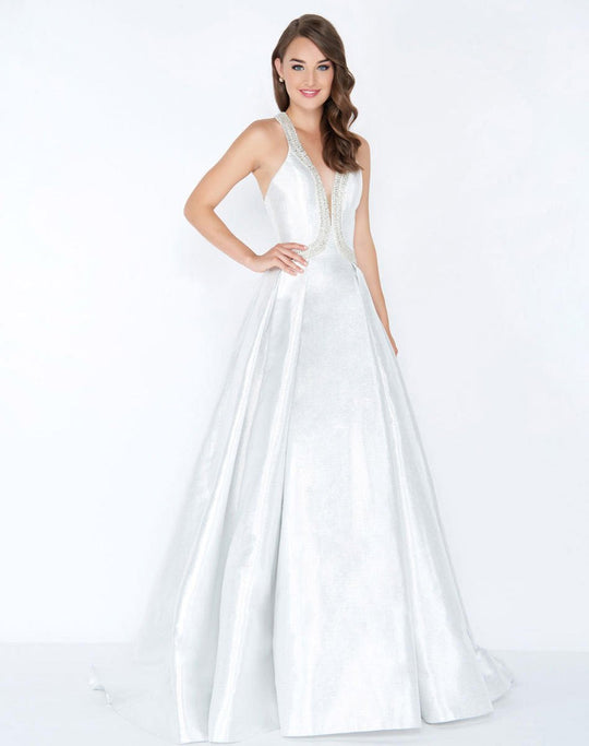 Mac Duggal - 62973M Plunging V-Neck Crystal Beaded A-Line Gown In White