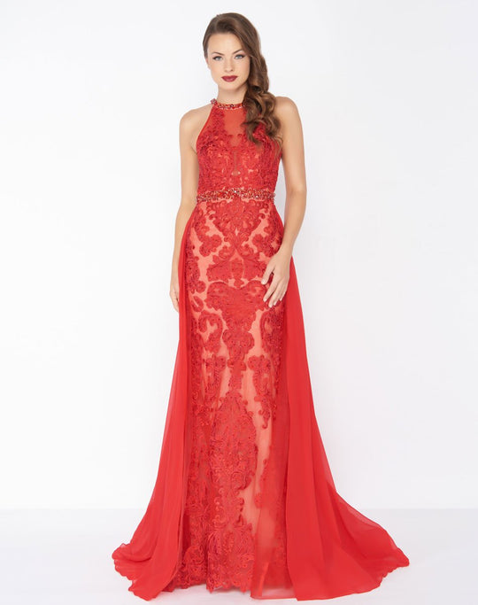 Mac Duggal - 62976R Lace Illusion Halter Sheath Dress In Red