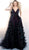 Jovani - 62981 Plunging V-Neck Floral A-Line Gown in Black