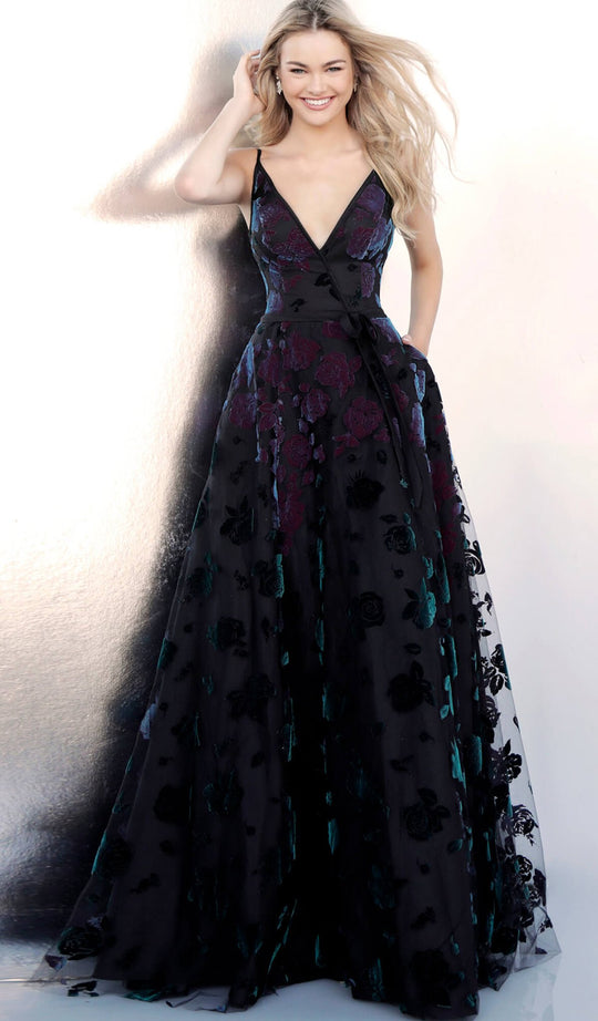 Jovani - 62981 Plunging V-Neck Floral A-Line Gown in Black