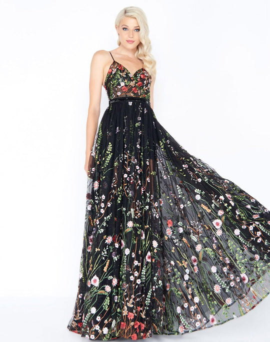 Mac Duggal - 62989M Sheer Sweetheart Floral Embroidered A-Line Gown In Black and Multi-Color
