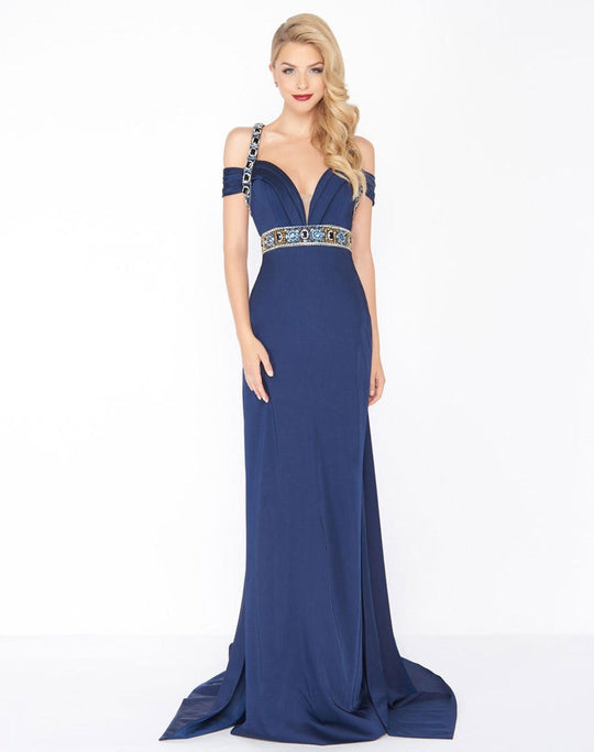 Mac Duggal - 62996R Exquisite Off The Shoulder Evening Gown with Train In Blue