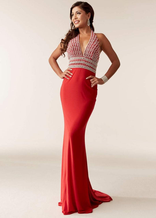 Jasz Couture - 6299 Beaded Halter V-neck Jersey Dress In Red