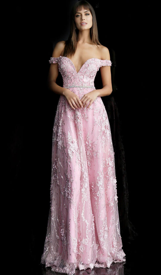 Jovani - 63005 Floral Embroidered Deep Off-Shoulder Ballgown In Pink