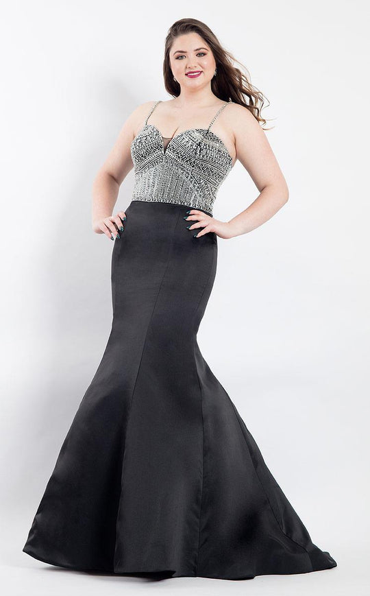 Rachel Allan Curves - 6303 Thin Straps Beaded Trumpet Gown in Black
