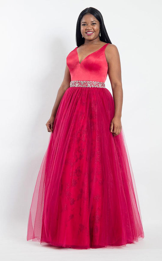 Rachel Allan Curves - 6304 V-neck Embroidered Tulle Ballgown in Pink