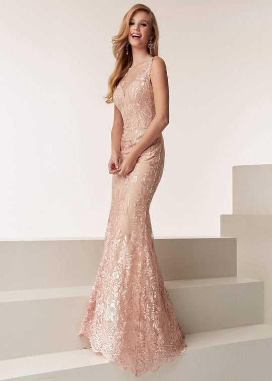 Jasz Couture - 6304 Sleeveless Applique Embellished Sheath Gown In Pink