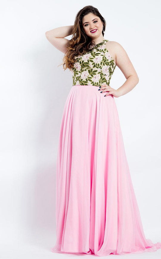 Rachel Allan Curves - 6306 Embroidered Halter A-line Dress in Pink