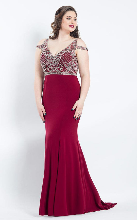 Rachel Allan Curves - 6308 Cold Shoulder Beaded Jersey Gown in Red