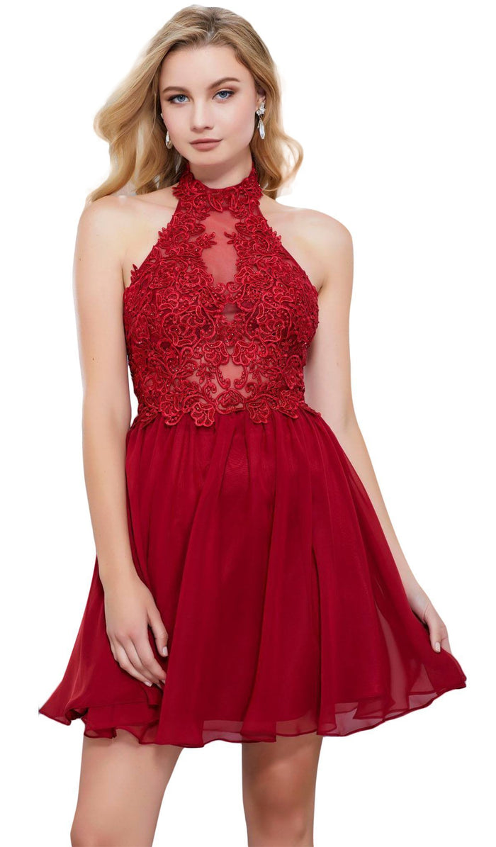 Ornate Lace Appliqued Illusion Halter Dress
