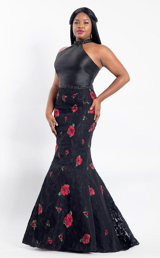 Rachel Allan Curves - 6309 Floral Haltered Mermaid Gown in Black