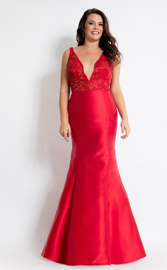 Rachel Allan Curves - 6310 Deep V-Neck Mermaid Gown in Red