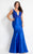 Rachel Allan Curves - 6310 Deep V-Neck Mermaid Gown in Blue
