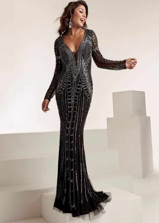 Jasz Couture - 6311 Embellished Deep V-neck Sheath Gown In Black and Silver