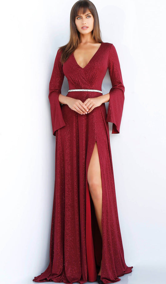 Jovani - 63124 Split Long Sleeve Glitter High Slit Gown In Red