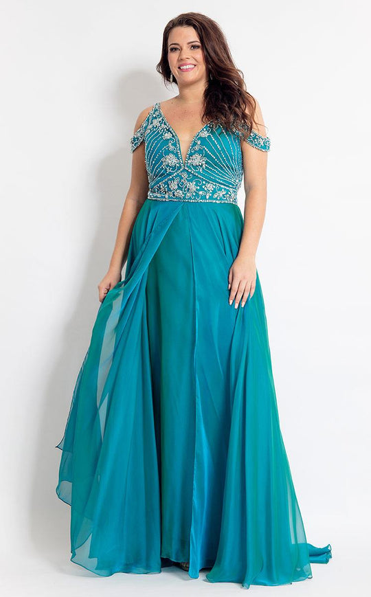 Rachel Allan Curves - 6313 Silver Embellished V-neck Chiffon Dress in Green