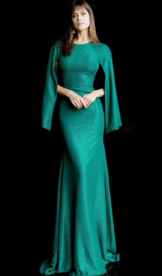 Jovani - 63148 Split Cape Sleeve Glitter Sheath Gown In Green