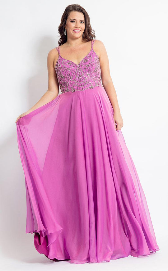 Rachel Allan Curves - 6316 Beaded V-neck Chiffon A-line Dress in Purple