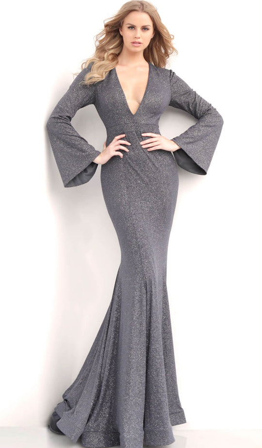 Jovani - 63174 Long Bell Sleeve Deep V-neck Mermaid Dress in Gray