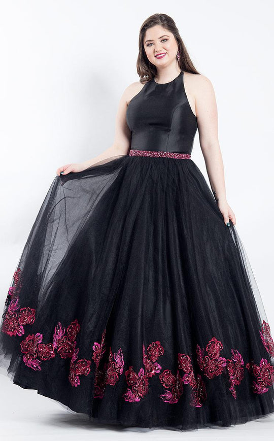 Rachel Allan Curves - 6317 Beaded Halter Mikado Tulle Ballgown in Black