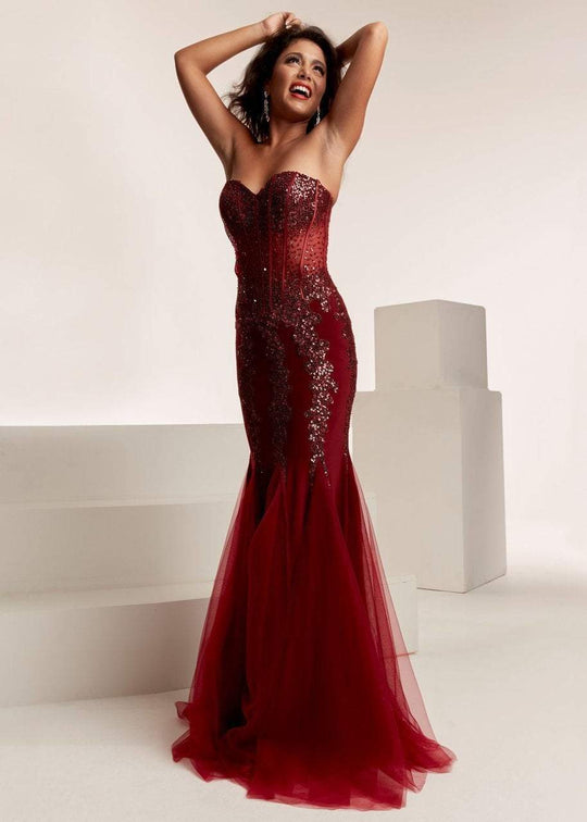 Jasz Couture - 6317 Strapless Illusion Corset Trumpet Gown In Red